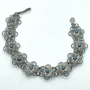 Vtg Sterling Turquoise Filigree Floral Flower Bracelet 7.5” / Vintage